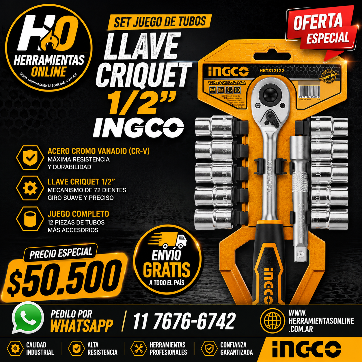 Juego de Tubos con Llave Criquet 1/2" INGCO (12 Pzas)